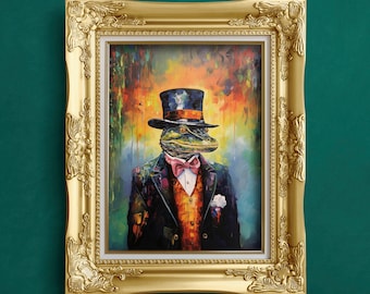 Colorful Fine Art Painting of Victorian Alligator Wearing a Top Hat and Bowtie | Print
