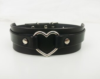 Heart Choker Collar Necklace, Black Leather Choker with Metal Heart, Genuine Leather Heart Choker, Collar Choker, Silver Rocker Style Choker