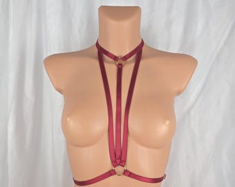 Red Body Harness – Adjustable Strappy Cage Bra with Gold Hardware, Festival / Boudoir / Goth Lingerie Accessory
