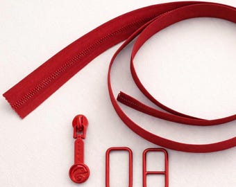 Red Bag Making Hardware Kit – Zipper Tape + Slider + Strap Adjusters | DIY Purse & Leathercraft Supplies