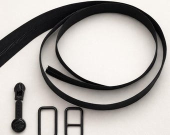 Black Bag Making Hardware Kit – Zipper Tape + Slider + Strap Adjusters | DIY Purse & Leathercraft Supplies