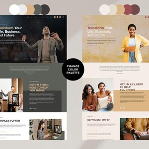May include: Website homepage with a dark gray background and a light gray header. The header has the text "Transform Your Life, Business, and Future" in a bold, white font. The website features a photo of a person speaking at a conference. The text "HEY I'M ETHAN, HERE TO HELP YOU THRIVE" is displayed below the photo. The website also includes a section titled "SERVICES I OFFER".