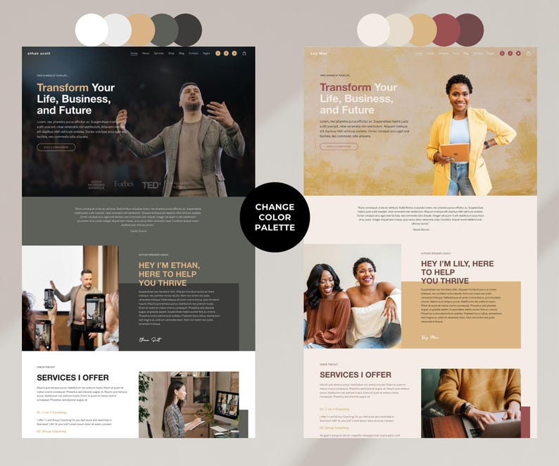 May include: Website homepage with a dark gray background and a light gray header. The header has the text "Transform Your Life, Business, and Future" in a bold, white font. The website features a photo of a person speaking at a conference. The text "HEY I'M ETHAN, HERE TO HELP YOU THRIVE" is displayed below the photo. The website also includes a section titled "SERVICES I OFFER".