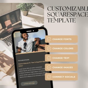 May include: A customizable Squarespace template with a black and white image of a person speaking into a microphone. The template features a call to action button that says "Listen Now". The template also includes a section for featured episodes and a section for social media links. The template is customizable with different fonts, colors, text, images, and social media links.