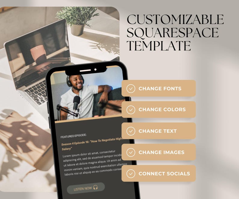 May include: A customizable Squarespace template with a black and white image of a person speaking into a microphone. The template features a call to action button that says "Listen Now". The template also includes a section for featured episodes and a section for social media links. The template is customizable with different fonts, colors, text, images, and social media links.