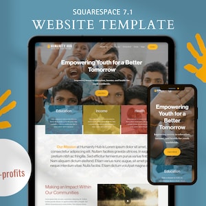 Könnte beinhalten: Eine Website-Vorlage für gemeinnützige Organisationen mit einem Foto lächelnder Kinder und dem Text "Empowering Youth for a Better Tomorrow". Die Website-Vorlage soll gemeinnützigen Organisationen helfen, den Zugang zu Bildung, Einkommen und Gesundheit für junge Menschen weltweit zu verbessern.