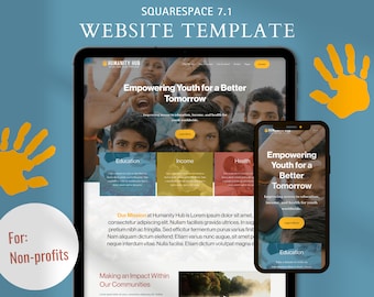 May include: A website template for non-profit organizations, featuring a photo of children smiling and the text "Empowering Youth for a Better Tomorrow". The website template is designed to help non-profits improve access to education, income, and health for youth worldwide.