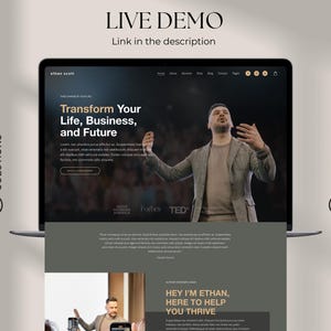 May include: A laptop computer screen displaying a website with a photo of a man speaking on stage. The website text reads "Transform Your Life, Business, and Future" and "Hey I'm Ethan, Here to Help You Thrive".