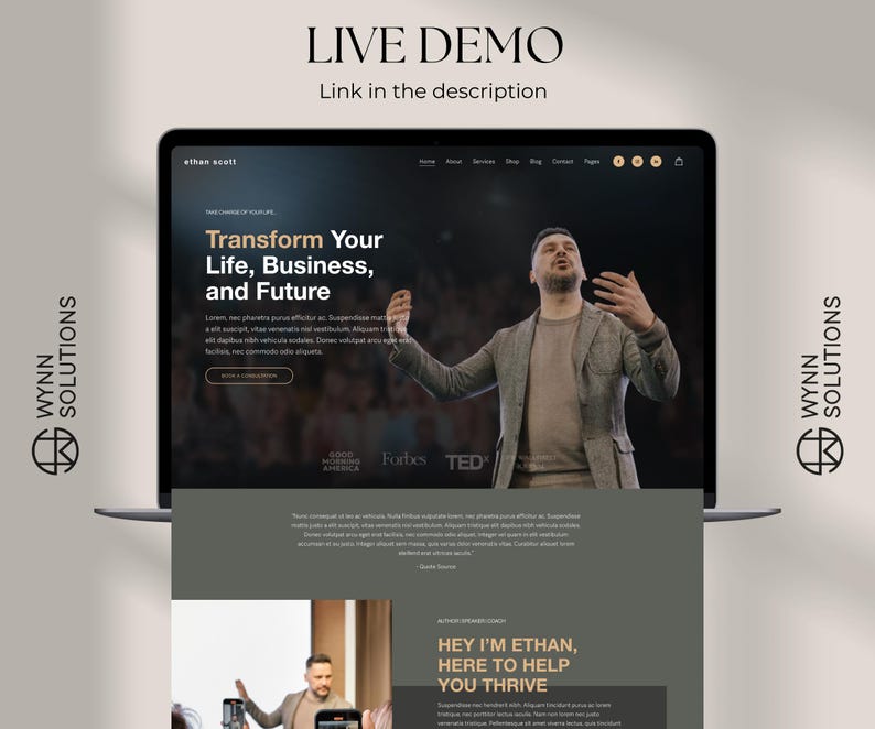 May include: A laptop computer screen displaying a website with a photo of a man speaking on stage. The website text reads "Transform Your Life, Business, and Future" and "Hey I'm Ethan, Here to Help You Thrive".