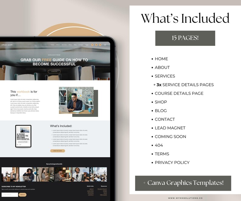 May include: A website mockup showing a website design for a business offering services. The website includes a home page, about page, services page, course details page, shop page, blog page, contact page, lead magnet, coming soon page, 404 page, terms page, and privacy policy page. The website also includes Canva graphics templates.