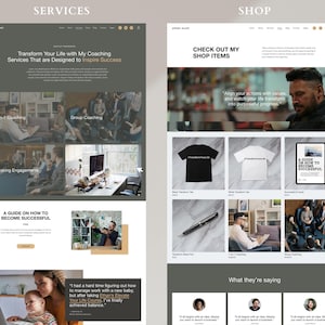 May include: A website homepage for a life coach offering services such as one-on-one coaching, group coaching, and speaking engagements. The website also features a shop with items such as a black t-shirt, a white t-shirt, and a guide on how to become successful.