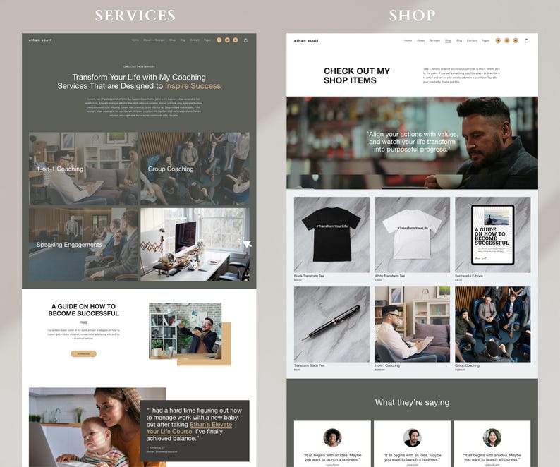 May include: A website homepage for a life coach offering services such as one-on-one coaching, group coaching, and speaking engagements. The website also features a shop with items such as a black t-shirt, a white t-shirt, and a guide on how to become successful.