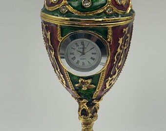 Jeweled Egg Trinket Box with Clock, Faberge Style Enamel Egg, Ornate Gold Tone Collectible, Vintage Style Decorative Keepsake Box