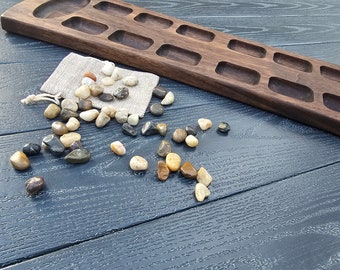 Handcrafted Walnut Mancala Board Game with River Stones