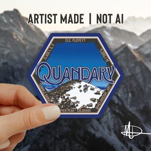 May include: A hexagonal sticker featuring a graphic illustration of Quandary Peak in Colorado. The design includes the text QUANDARY, ELE. 14,272 FT, CLASS 1, 2, 3, 4,350.1 M, TENMILE RANGE, 14ER PEAK - COLORADO, and @MELANIEDAY_ART against a blue sky.