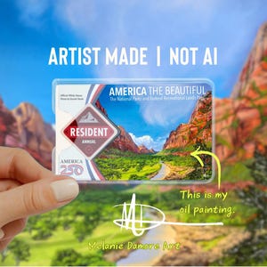 May include: A rectangular America the Beautiful National Parks and Federal Recreational Lands Pass in a clear protective sleeve. The card features a landscape painting of a canyon, text reading Resident Annual, and the America 250 logo.