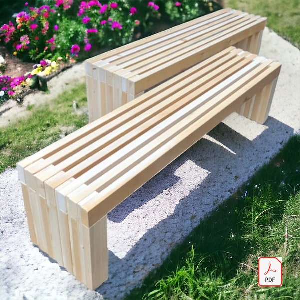 Modern Easy Slatted Bench, Simple Outdoor Wood Bench, Garden Furniture Plan, Porch Bench Plan PDF Download, Woodworking Bench Plans