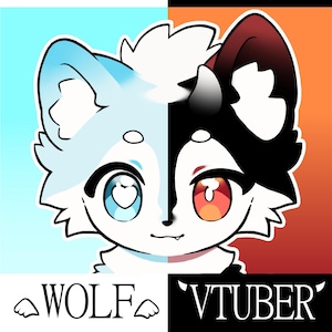 Könnte beinhalten: Eine digitale Illustration eines Wolfscharakters mit geteiltem Gesicht, einer hellblauen linken Seite und einer schwarzen rechten Seite. Das linke Auge ist blau mit einer herzförmigen Pupille, das rechte Auge ist rot. Der Text WOLF VTUBER steht unten.