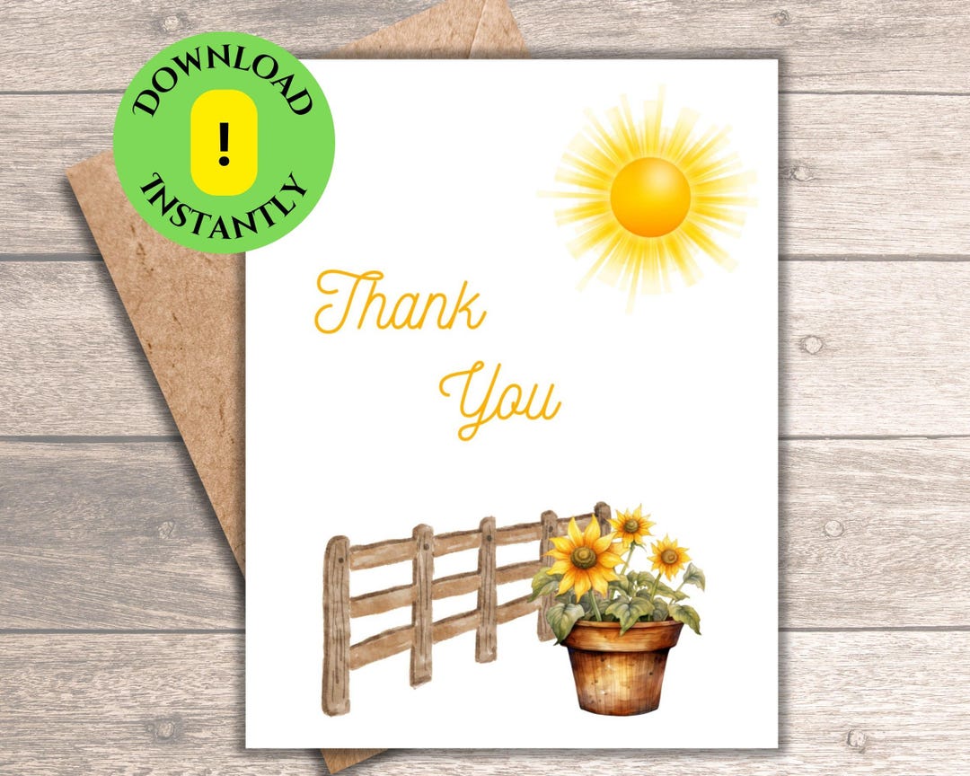 Sunflower Thank You Card | Printable Blank Note | Instant Digital ...