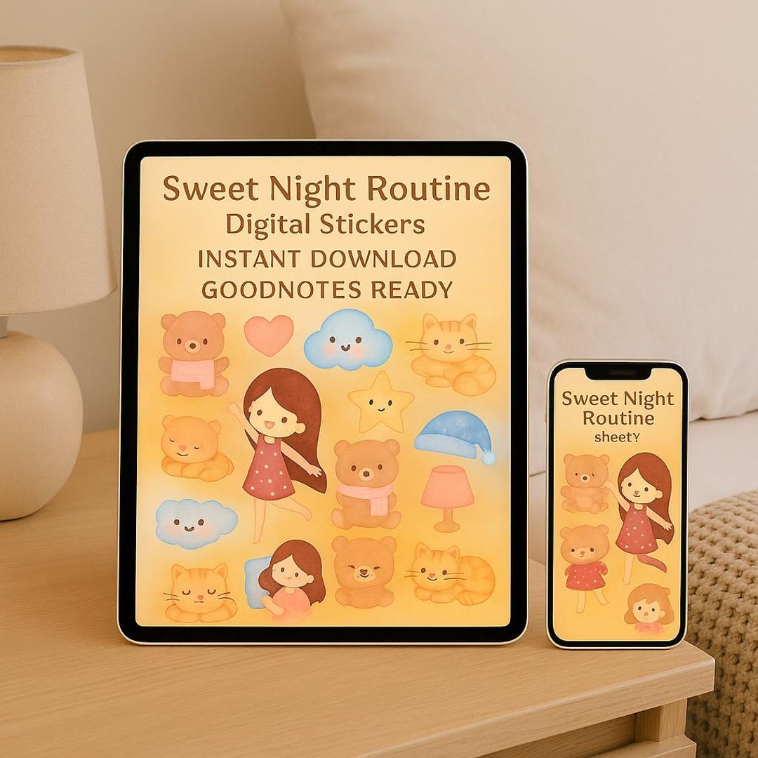 Sweet Night Routine – Kawaii Watercolor Digital Stickers for Goodnotes ...