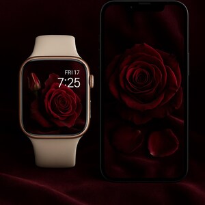 Sfondo per orologio floreale rosso scuro Velvet Rose Reverie / Quadrante per Apple Watch con estetica Moody Rose / Download immediato di Gothic Romance