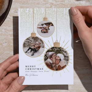 Editable Christmas Card Template, Photo Card Template, Gold Christmas Card, Ornament Design, Cutesy Christmas Card,  Instant Download