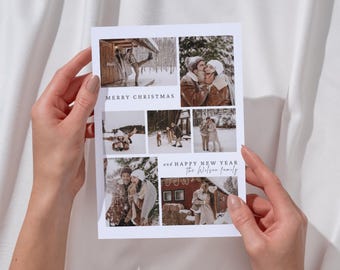 May include: A holiday greeting card featuring a collage of winter-themed photographs. The card includes the text "MERRY CHRISTMAS" at the top and "and HAPPY NEW YEAR the Wilson family" at the bottom. The photos depict people in snowy settings.