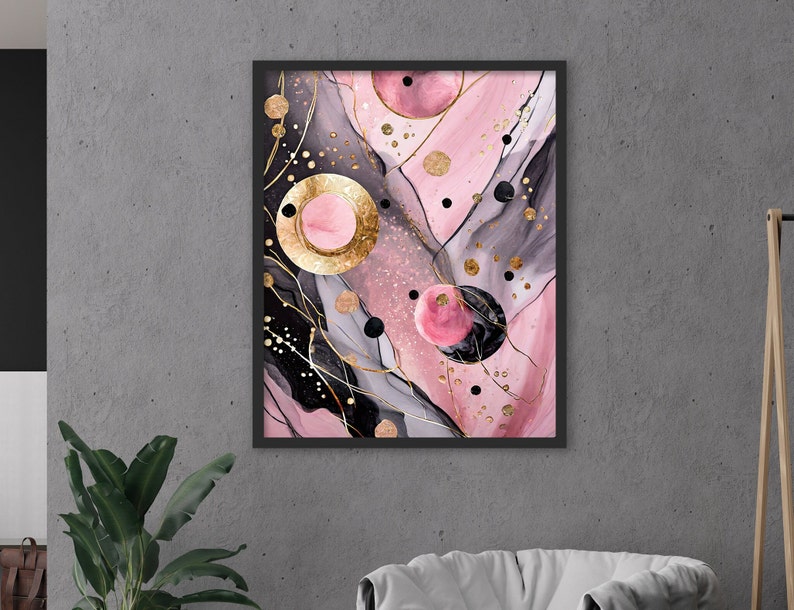 Pink and Gold Abstract Art Print: Modern Office Wall Decor (digital ...