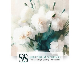 White Carnation Watercolor Digital Download Floral Home Decor