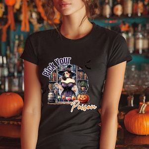 Fun Witches Pick Your Poison T-Shirt, Halloween Tee, Fall Colors, Pumpkins, Cauldrons, Cocktails