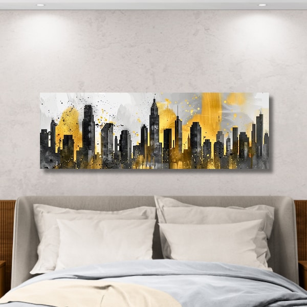 Extra Large Wall Art, Gold Wall Art, Cityscape Art, Canvas Art, Modern Wall Art, Black and White Wall Art, Long Wall Art, Ready to Hang