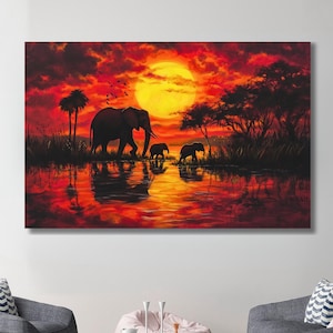 Toile d&#39;art mural coucher de soleil éléphant : grande décoration d&#39;intérieur de paysage africain