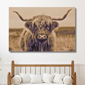 Highland Cow Canvas Wall Art, Rustic Farmhouse Decor, Large Scottish Cow Animal Print for Living Room, Housewarming Gift