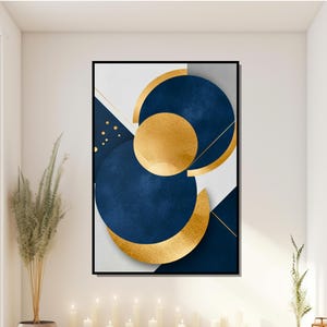 Abstract Canvas Art, Large Vertical Geometric Wall Decor, Blue & Gold Contemporary Design for Living Room, Framed Print, Modern Home Decor