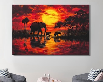 Elephant Sunset Canvas Wall Art: Large African Landscape Home Decor