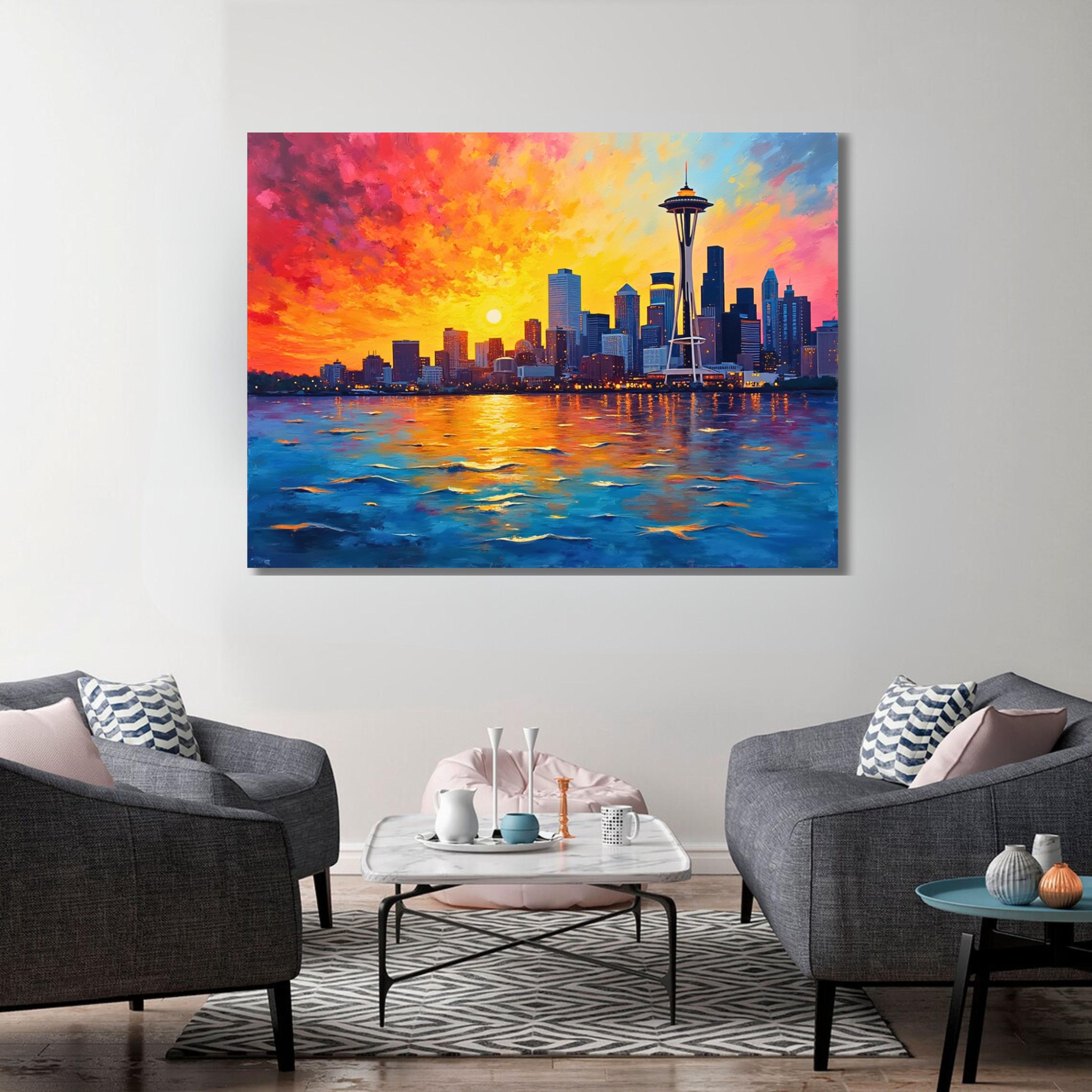 ウォールアート 風景画 シアトルの街並みを描いたキャンバスウォールアート、夕焼けの