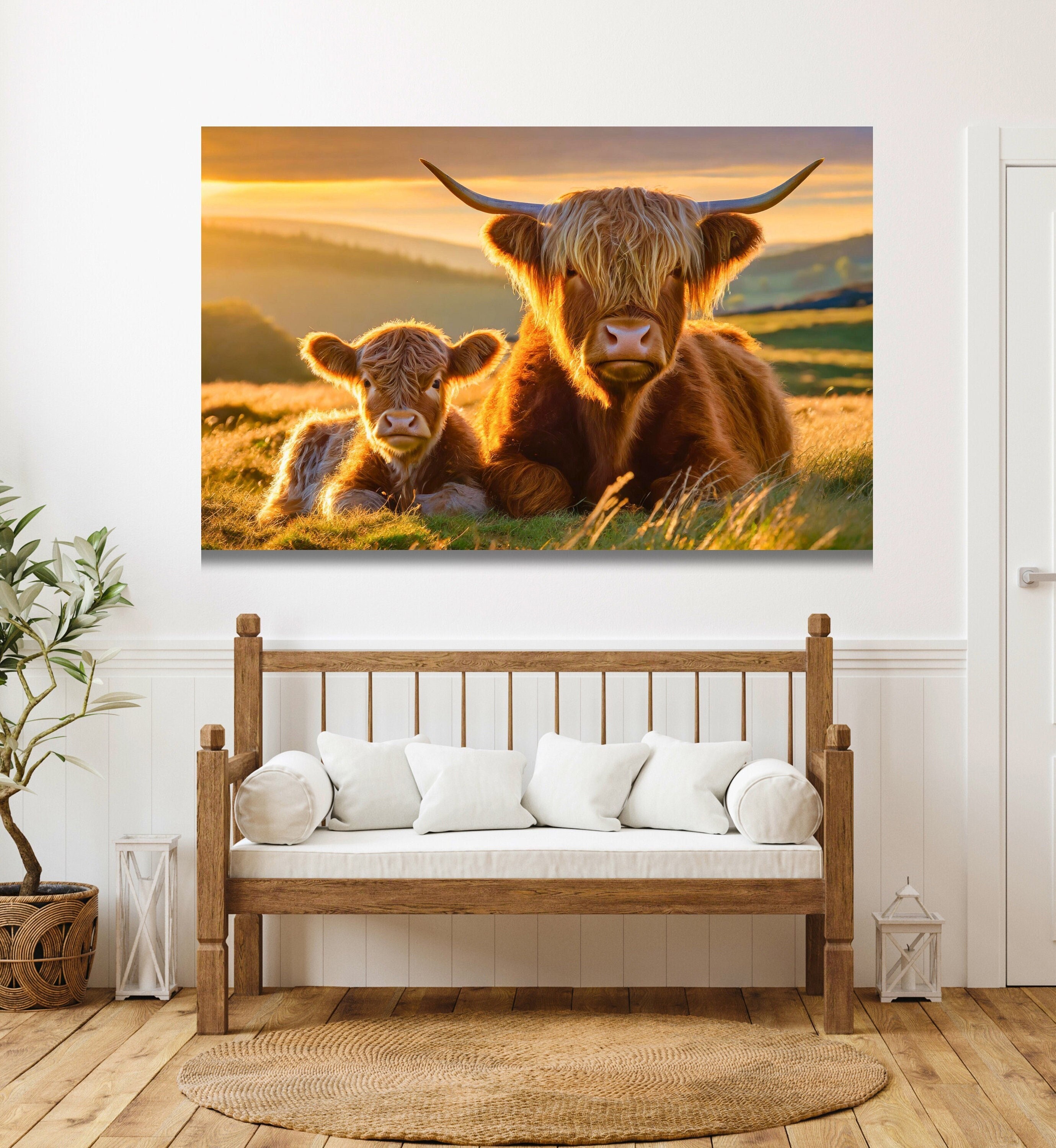 Highland Cow Canvas, Wall Art Print, Baby Highland Cow With Mother