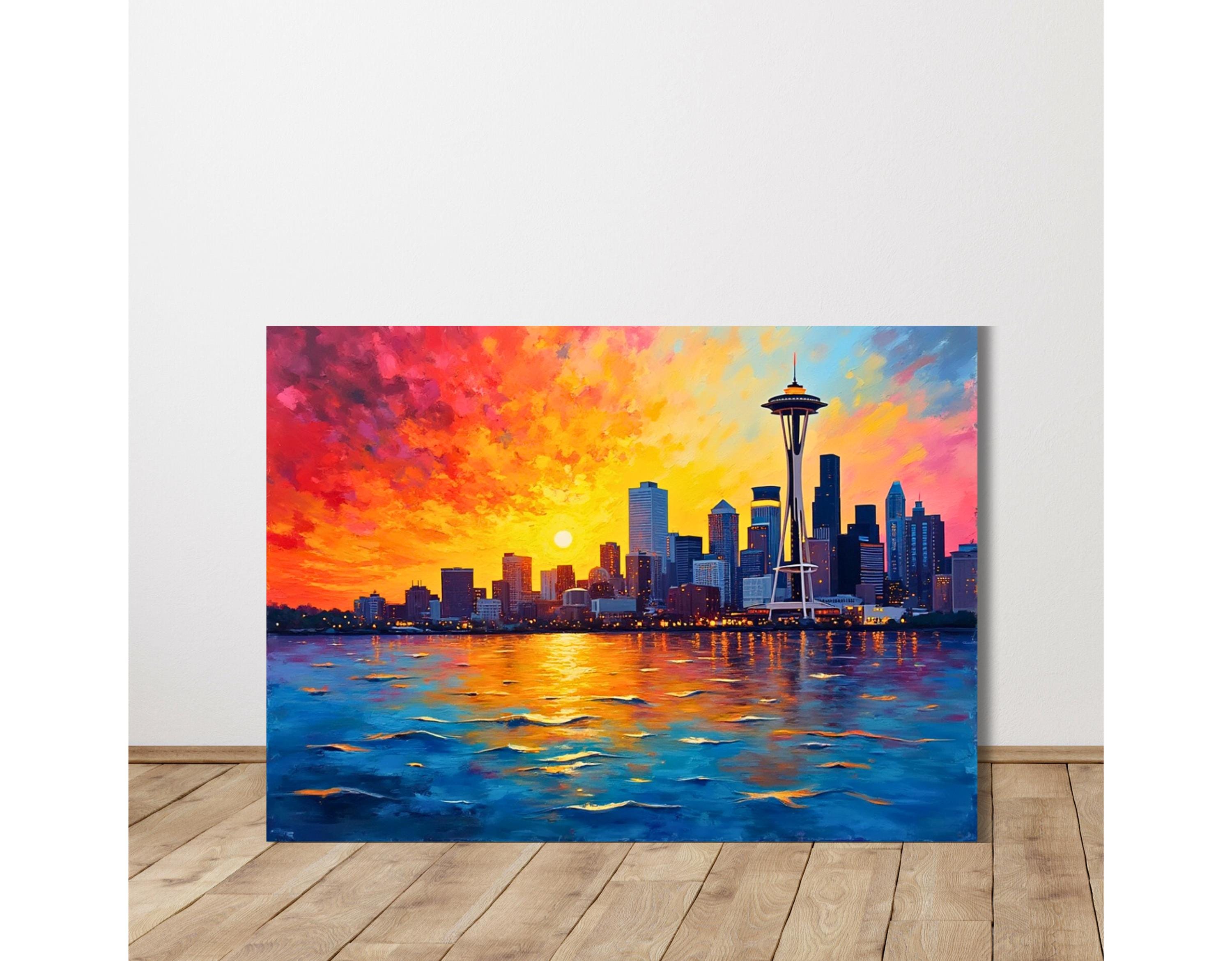 シアトルの街並みを描いたキャンバスウォールアート、夕焼けの