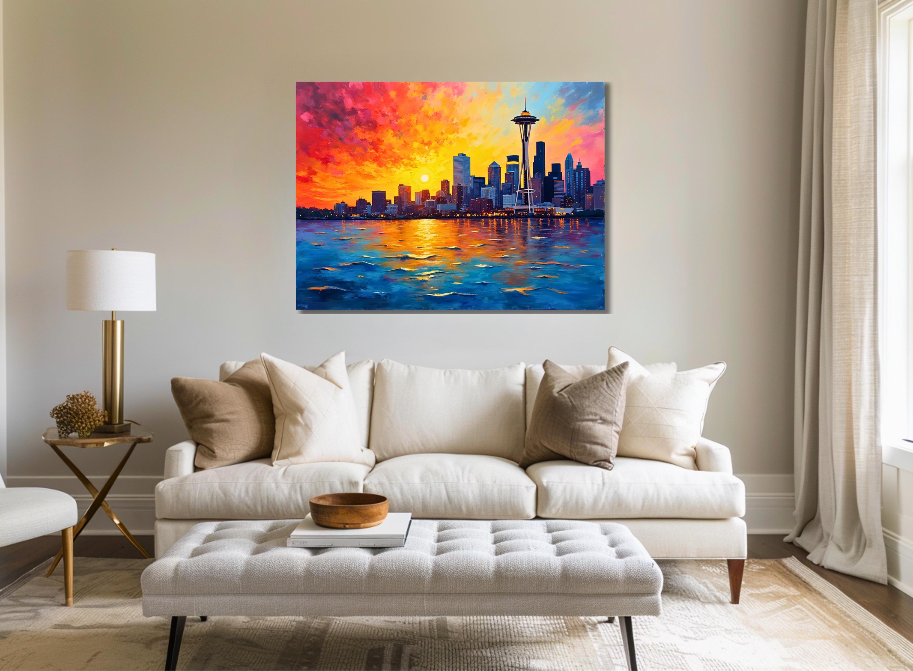 シアトルの街並みを描いたキャンバスウォールアート、夕焼けの