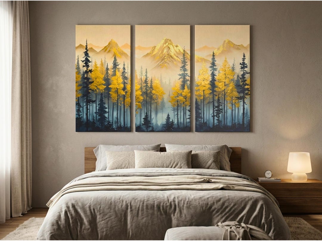 Golden Forest Mountain Landscape 3 Piece Canvas Wall Art Set, Ethereal ...