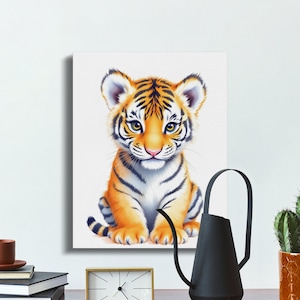 Kids Wall Art, Cute Tiger Cub Children&#39;s Art, Adorable Baby Animal Portrait for Nursery Decor, Jungle Theme Kids Room, Tiger Artwork