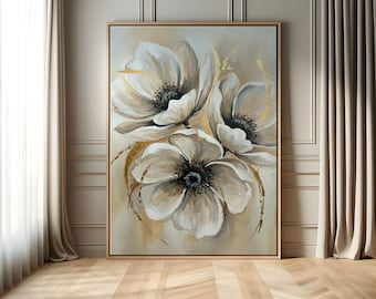 Weiße Blumen Leinwand, Luxus Wandkunst, Blumenmalerei, Gold Akzente, Elegante Wohnkultur, Botanische Leinwand, Moderne Kunst, Geschenk Idee