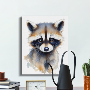 Arte murale per bambini, tela artistica con simpatico procione, stampa di animali per la cameretta dei bambini, adorabile cucciolo di procione, arte della fauna selvatica per la cameretta dei bambini