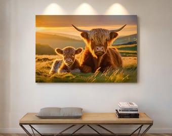 May include: A canvas print featuring a Highland cow and calf resting in a field of tall grass. The animals have long, shaggy, reddish-brown fur. The background shows a sunset with golden light and rolling hills. The artwork is displayed above a wooden bench.