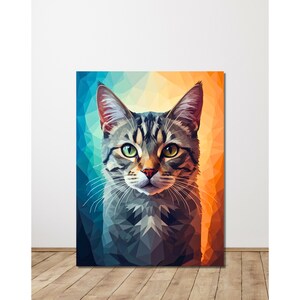 Cat Canvas Wall Art - Geometric Cat Décor Print, Colorful Cat Portrait for Home & Unique Gift for Cat Lovers, Modern Animal Art, Bedroom Art