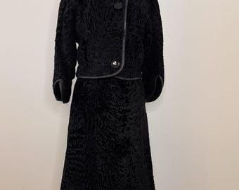 Albert Bolan Black Vintage Persian curly Lamb/Leather trim Sz S-M Jacket & skirt