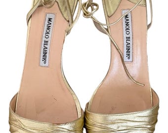Vintage Manolo Blahnik Metallic Gold Lace-Up Sandals - Early 2000s Y2K Strappy Heels - Made in Italy