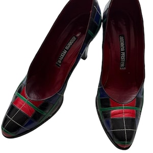 Vintage Andrea Pfister Green & Red Patchwork Leather Pointed Toe Pumps