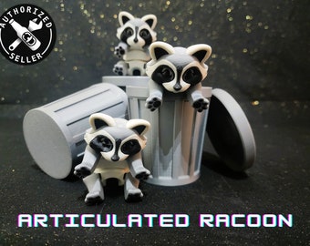 Adorable 3D Printed Articulating Raccoon with Interactive Trash Can - Multicolored Flexible Sculpture - Flexible Fidget Toy - McGuyBeer