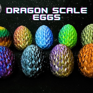 May include: Eight dragon scale eggs in various colors, including green, blue, purple, gold, and orange. The eggs are arranged in two rows of four on a black background. The text "DRAGON SCALE EGGS" is displayed above the eggs.